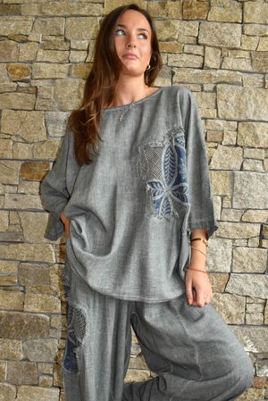 Lindin Linen Blend Crochet Flower Top Washed Charcoal